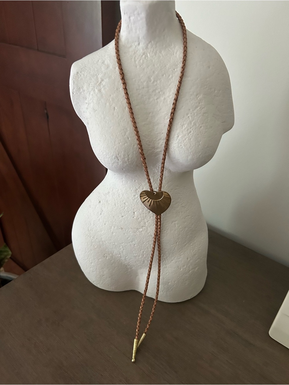 November Maker Braided Brown Leather Lariat Necklace with Gold Heart Slide